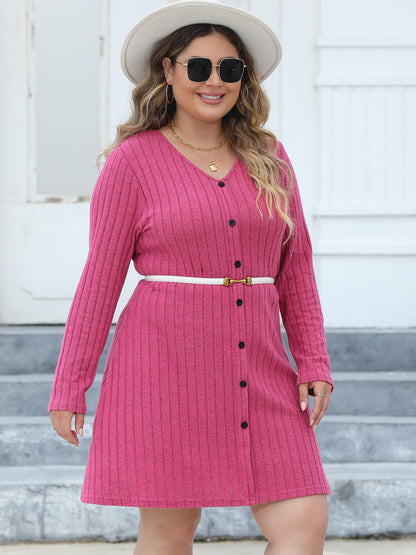 Plus Size Ribbed Buttoned V-Neck Long Sleeve Dress-Angel Casuals