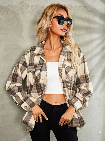 Plaid Button Down Collared Jacket-Angel Casuals