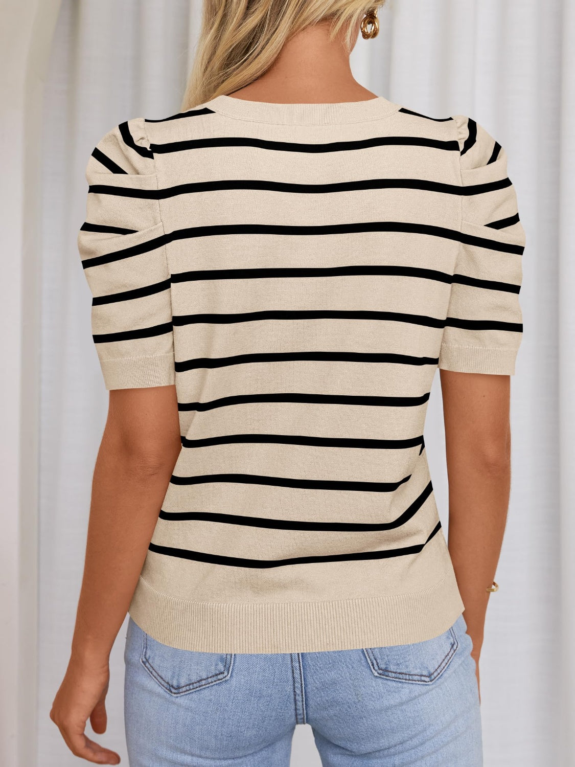 Striped Round Neck Puff Sleeve Knit Top-Angel Casuals