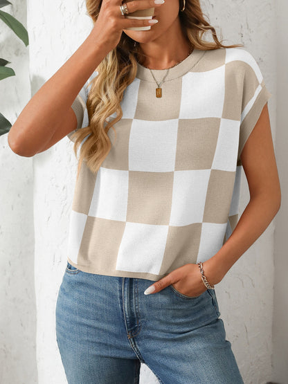 Mandy Checkered Round Neck Cap Sleeve Knit Top-Angel Casuals