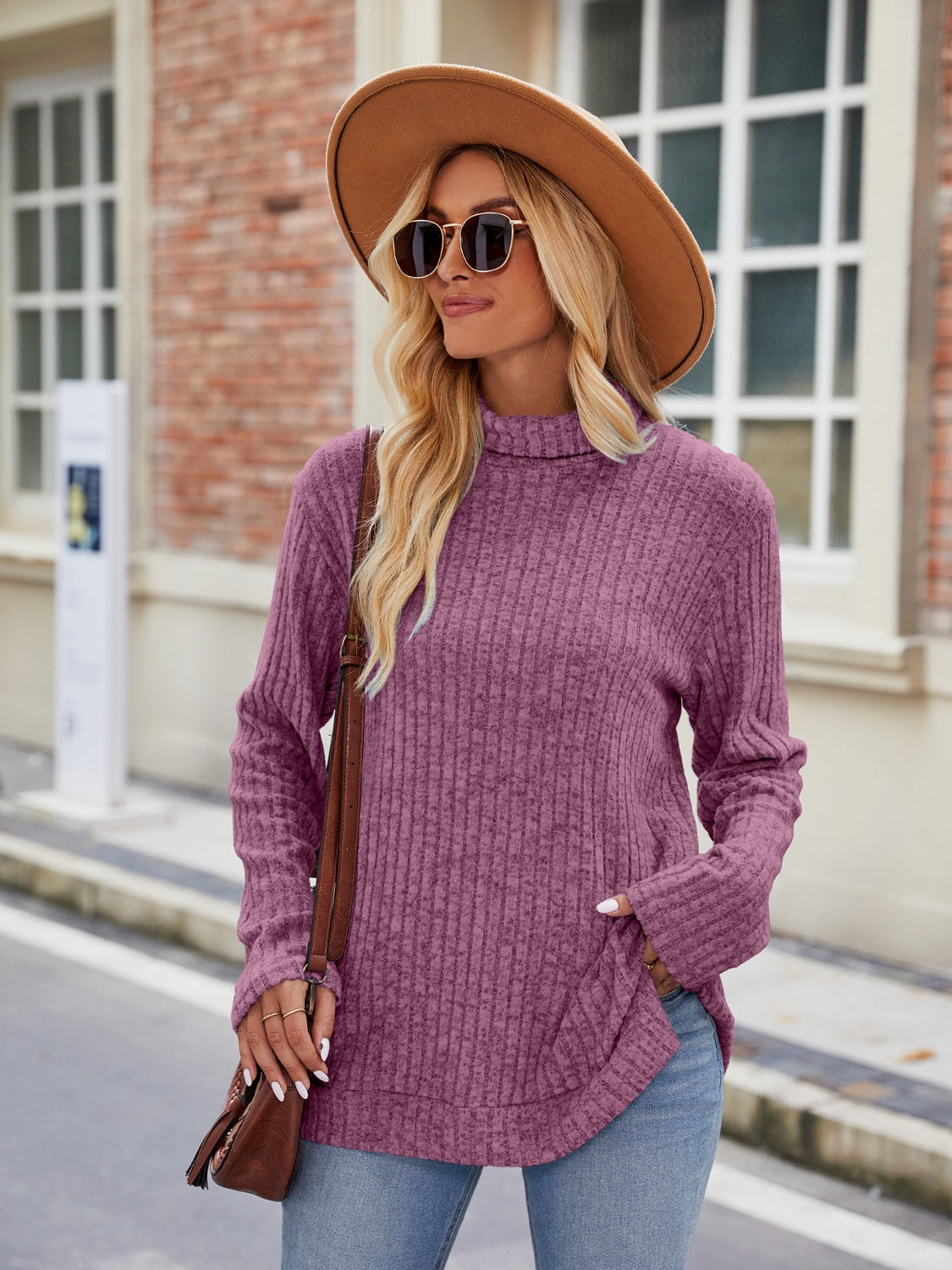 Ribbed Turtleneck Long Sleeve Slit Knit Top-Angel Casuals