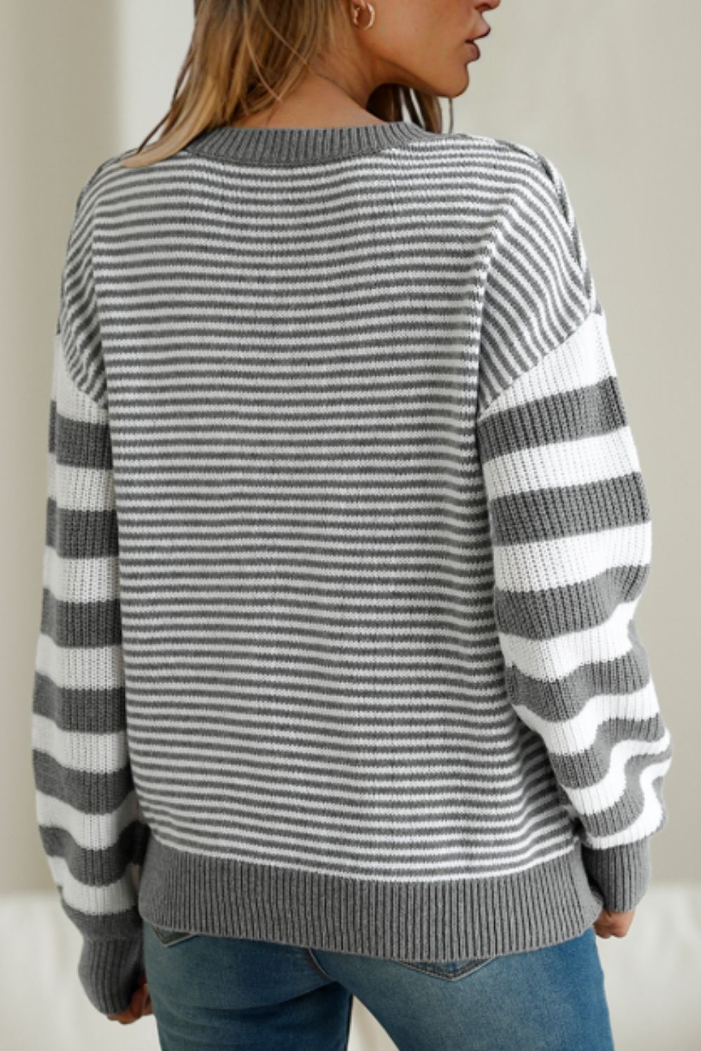 Striped Round Neck Dropped Shoulder Sweater-Angel Casuals