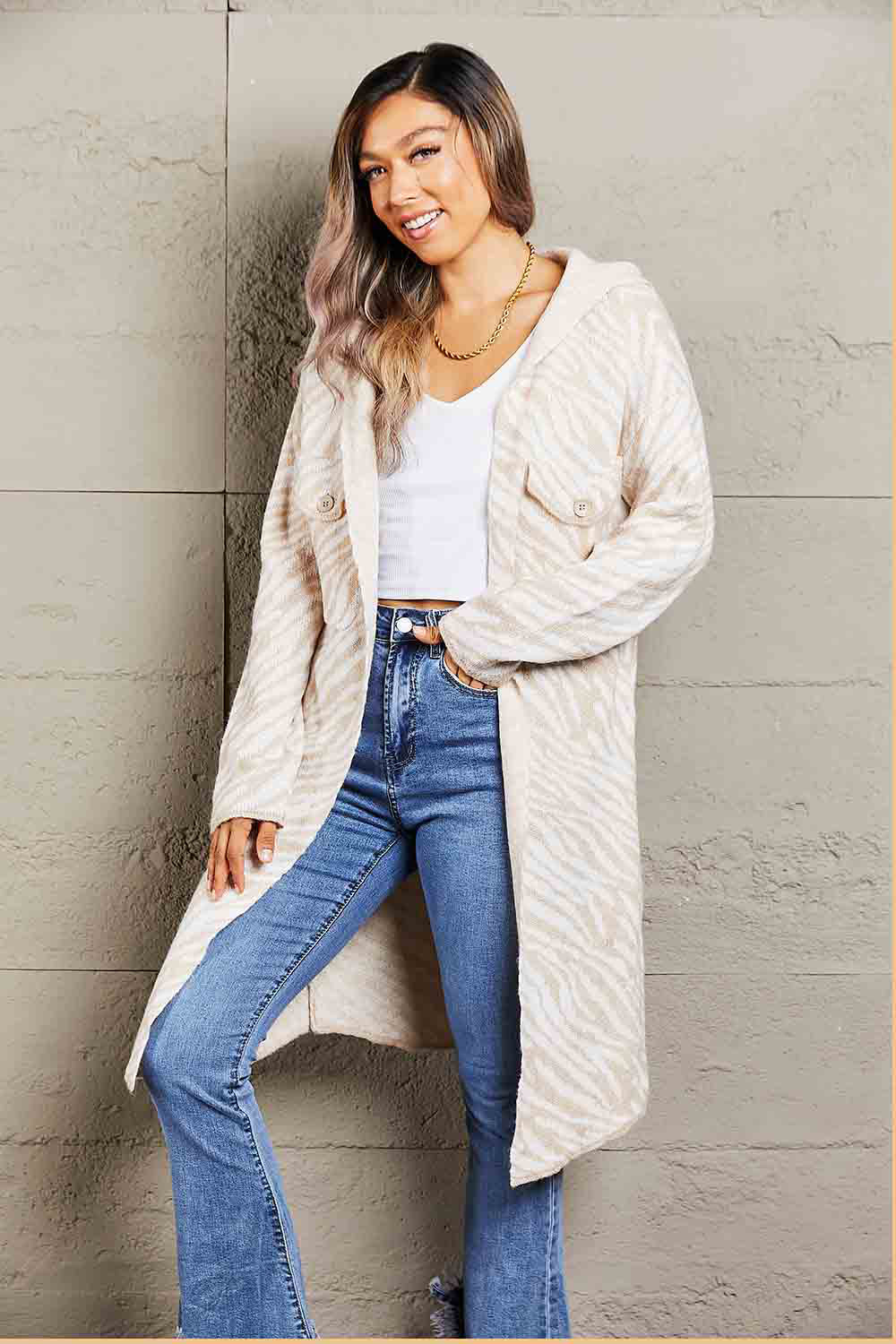 Printed Open Front Hooded Longline Cardigan-Angel Casuals