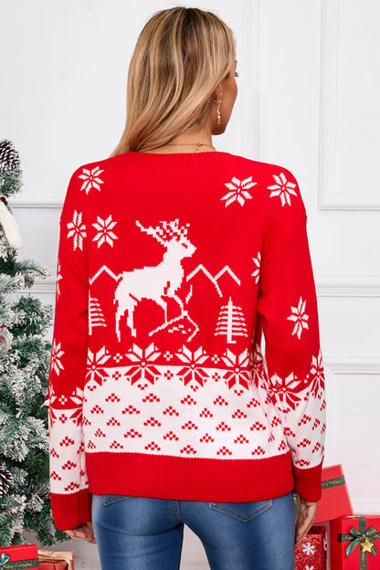 Angel Wings Deer Pattern Round Neck Long Sleeve Sweater-Angel Casuals