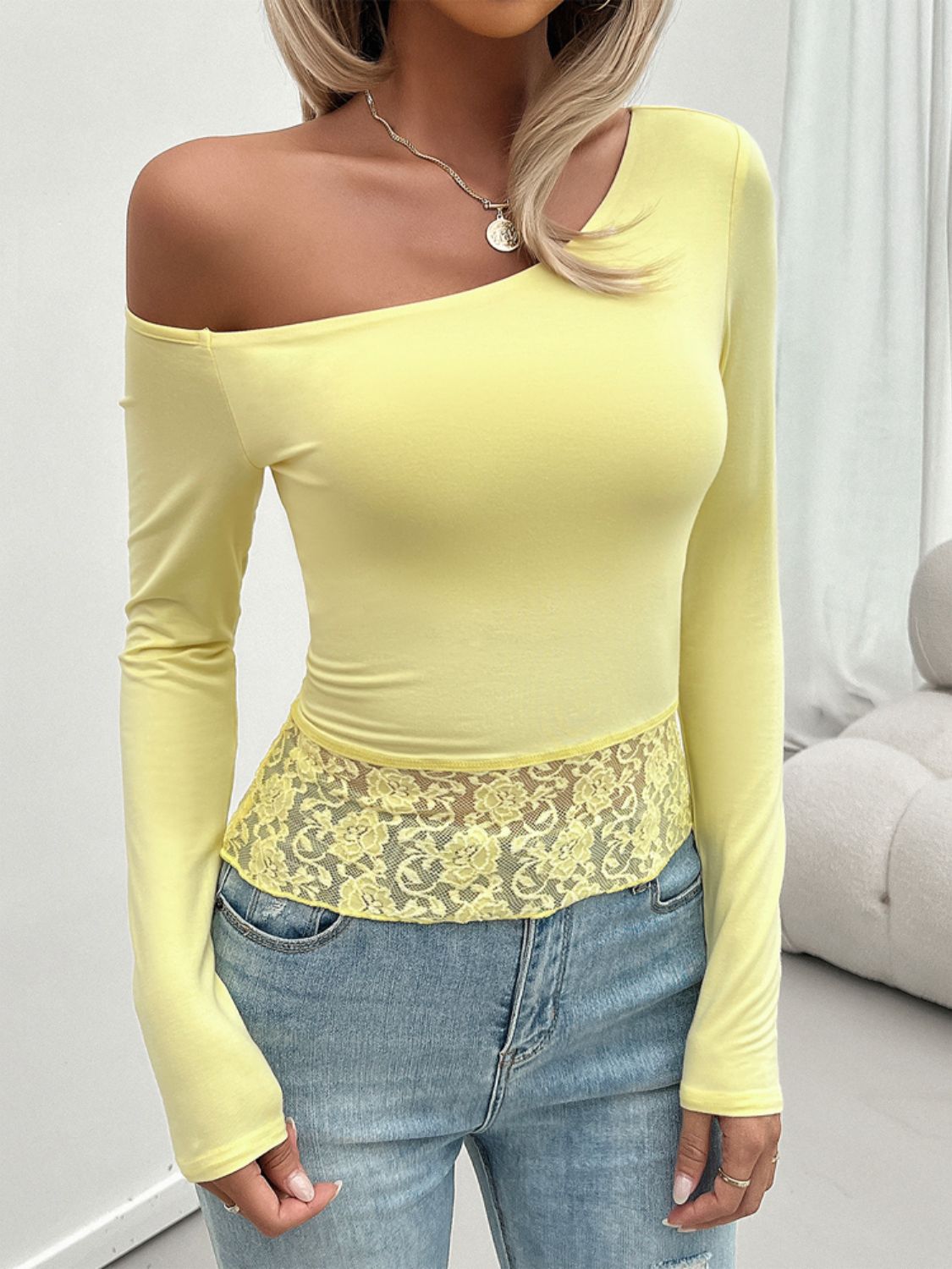 Devine Single Shoulder Long Sleeve Lace T-Shirt-Angel Casuals