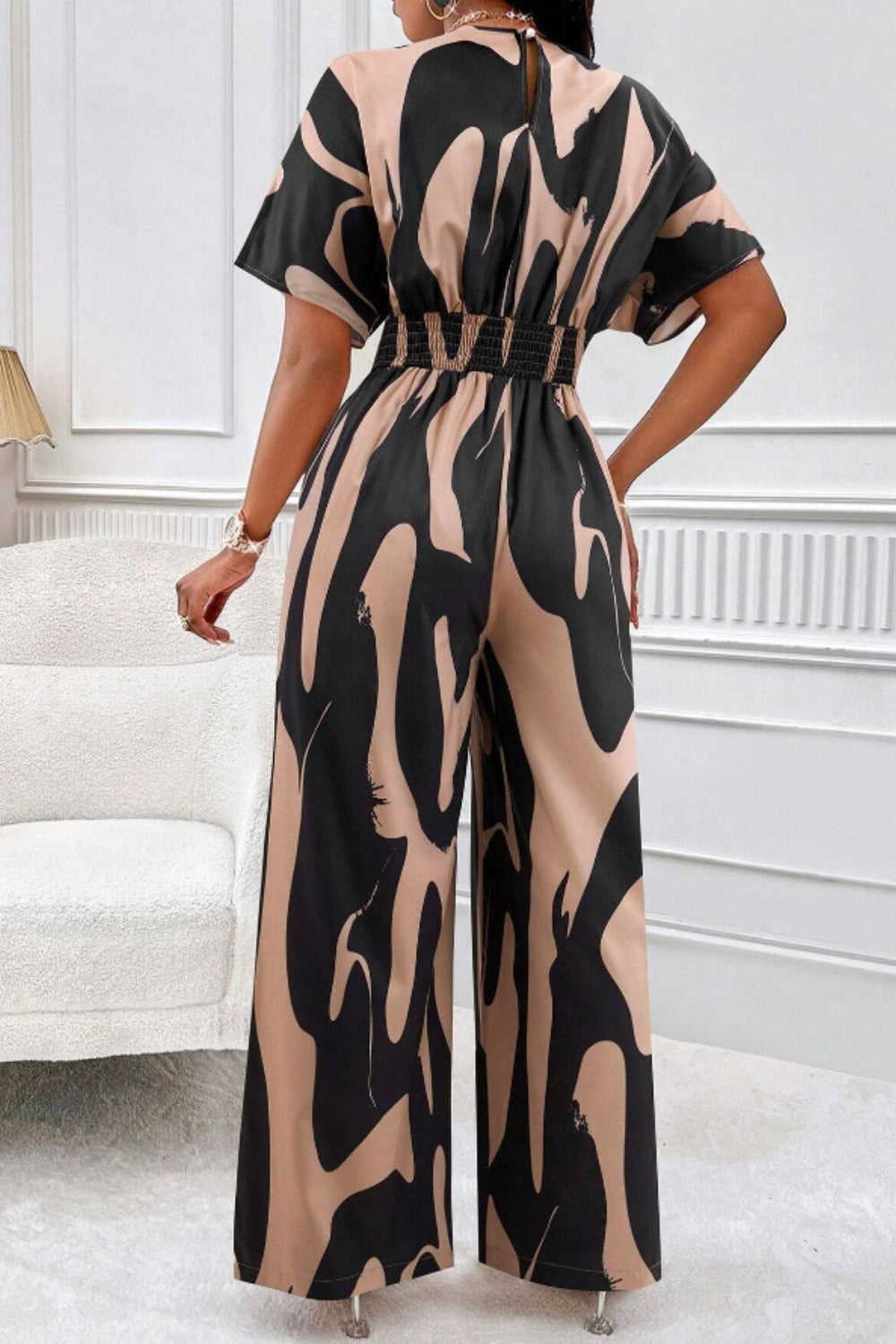 Printed V-Neck Short Sleeve Wide Leg Jumpsuit-Angel Casuals