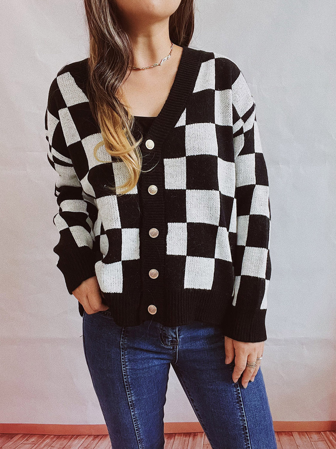 Checkered Open Front Button Up Cardigan-Angel Casuals