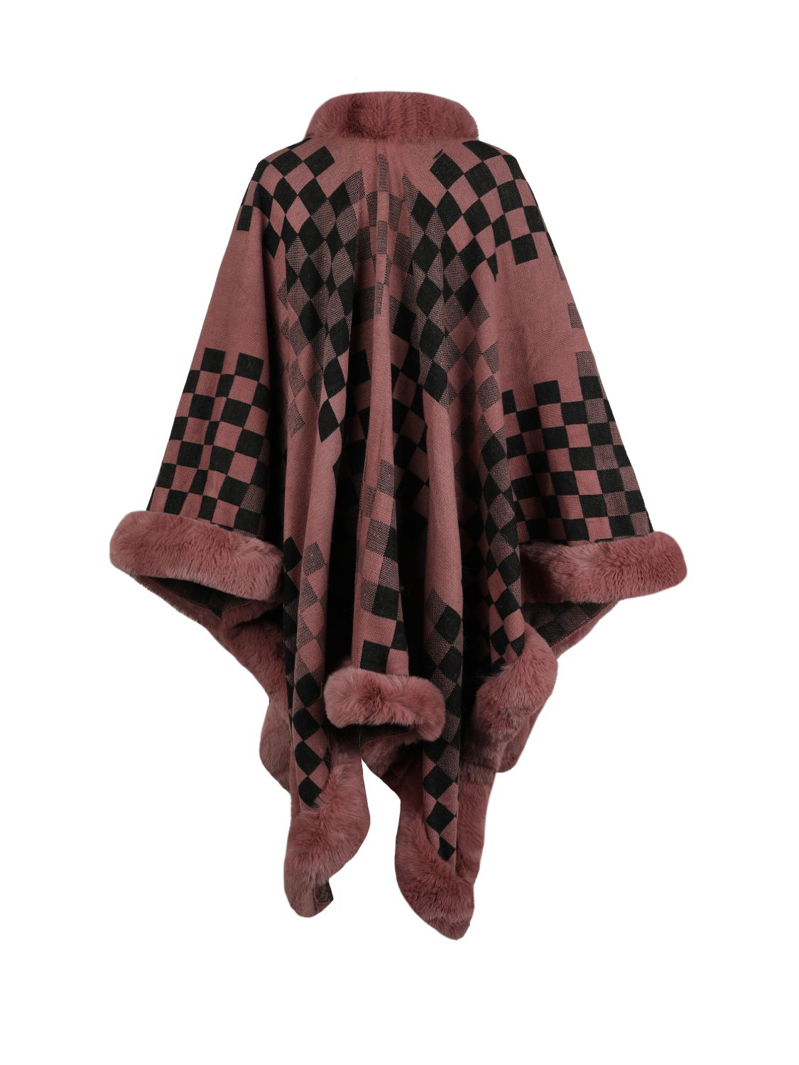 Checkered Faux Fur Trim Poncho-Angel Casuals