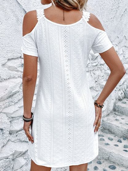 Eyelet V-Neck Cold Shoulder Mini Dress-Angel Casuals