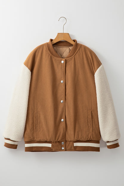 Contrast Baseball Collar Snap Down Long Sleeve Jacket-Angel Casuals