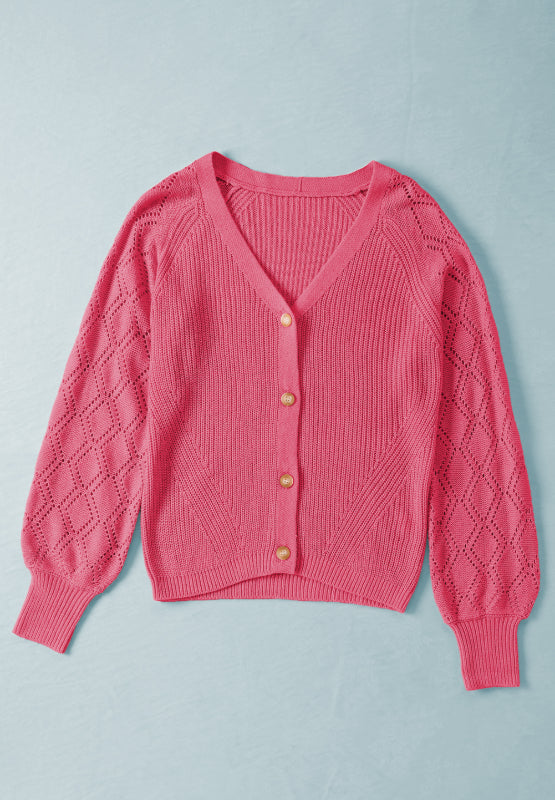 Openwork V-Neck Button Up Cardigan-Angel Casuals