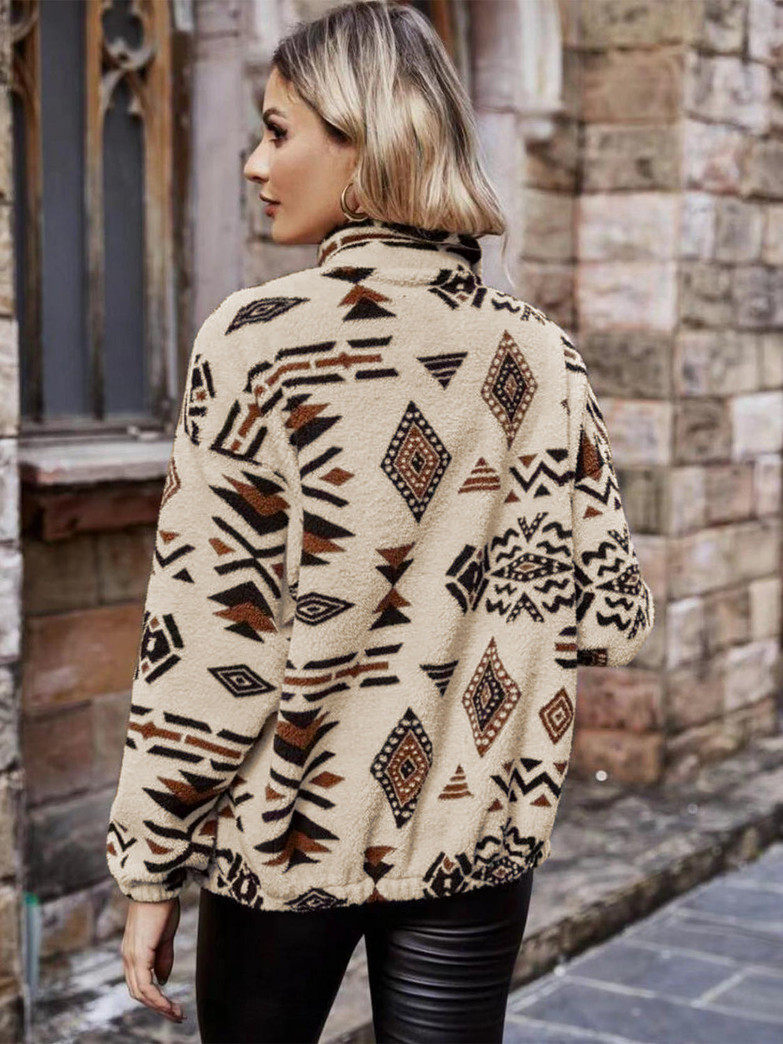 Geometric Zip Up Long Sleeve Outerwear-Angel Casuals