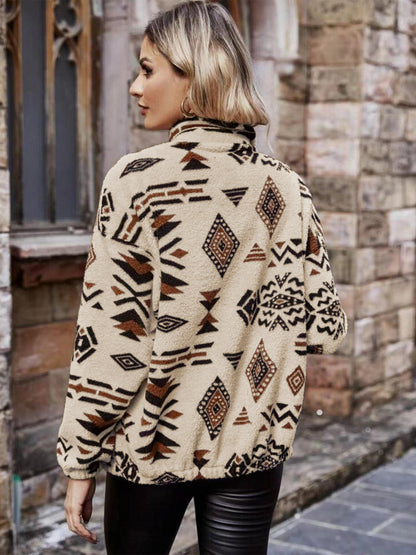 Geometric Zip Up Long Sleeve Outerwear-Angel Casuals