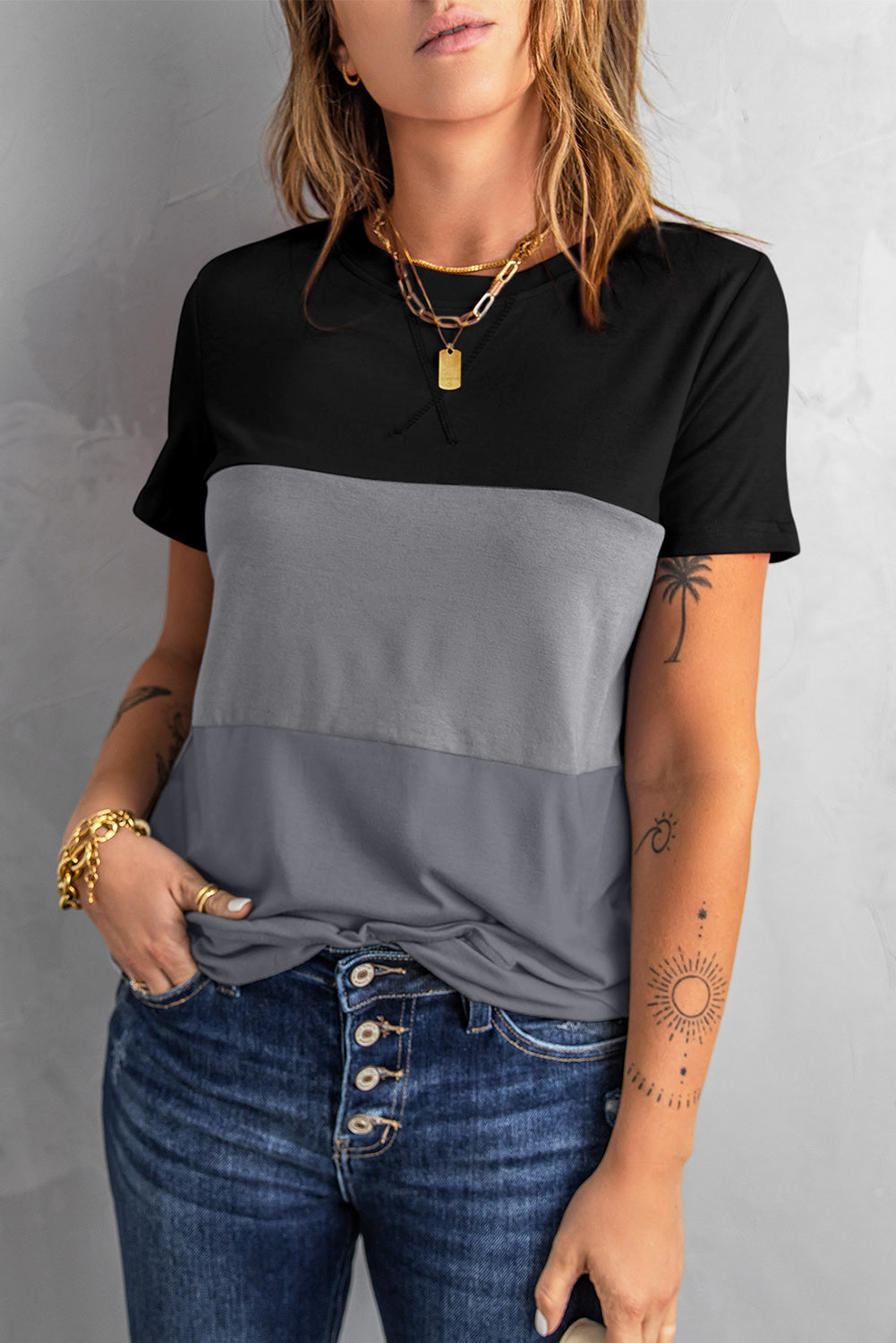 Color Block Side Slit Round Neck T-Shirt-Angel Casuals