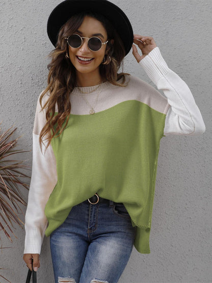 Color Block Round Neck Sweater-Angel Casuals