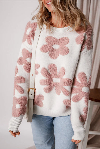 Flower Round Neck Long Sleeve Knit Top-Angel Casuals