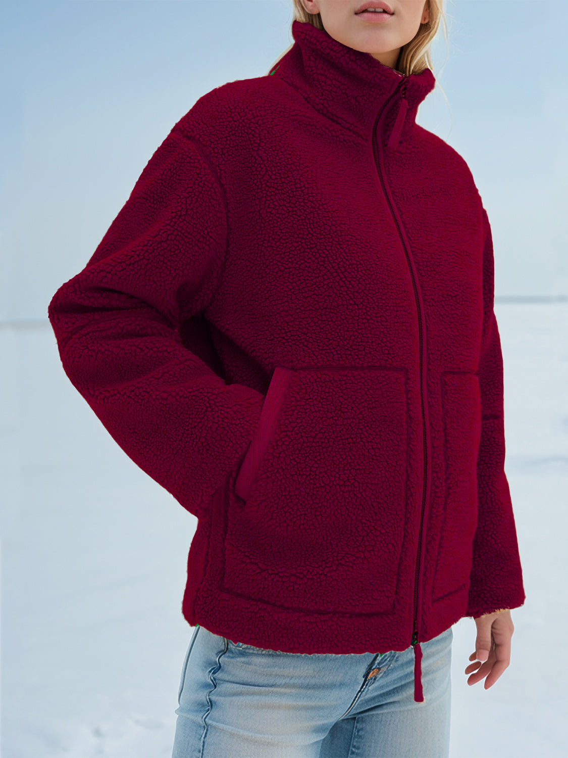 Turtleneck Zip Up Long Sleeve Plush Jacket-Angel Casuals