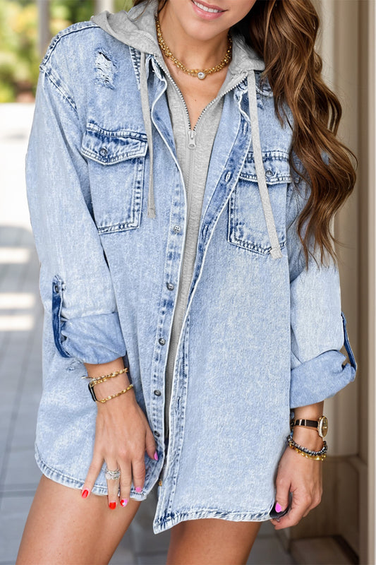 Distressed Button Up Long Sleeve Denim Jacket-Angel Casuals