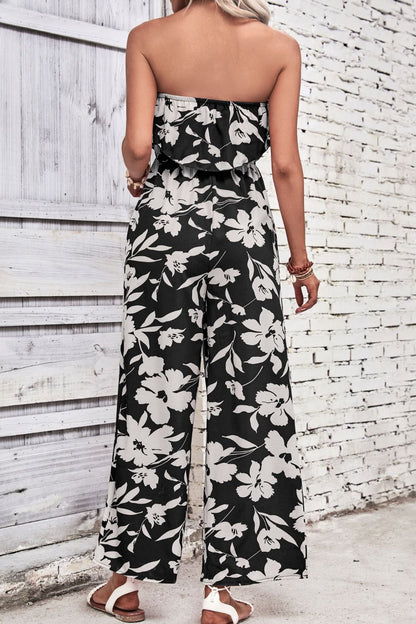 Floral Strapless Wide Leg Jumpsuit-Angel Casuals