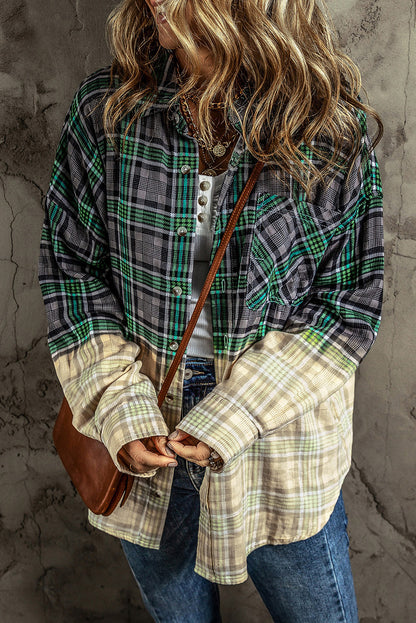 Contrast Plaid Button Up Long Sleeve Shacket-Angel Casuals