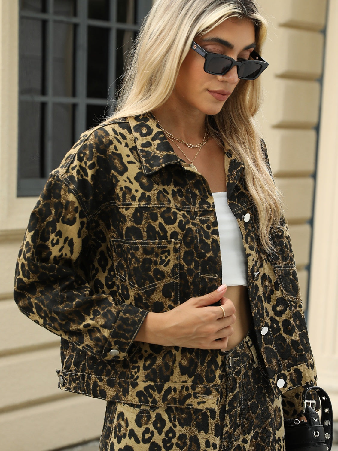 Pocketed Leopard Long Sleeve Denim Jacket-Angel Casuals