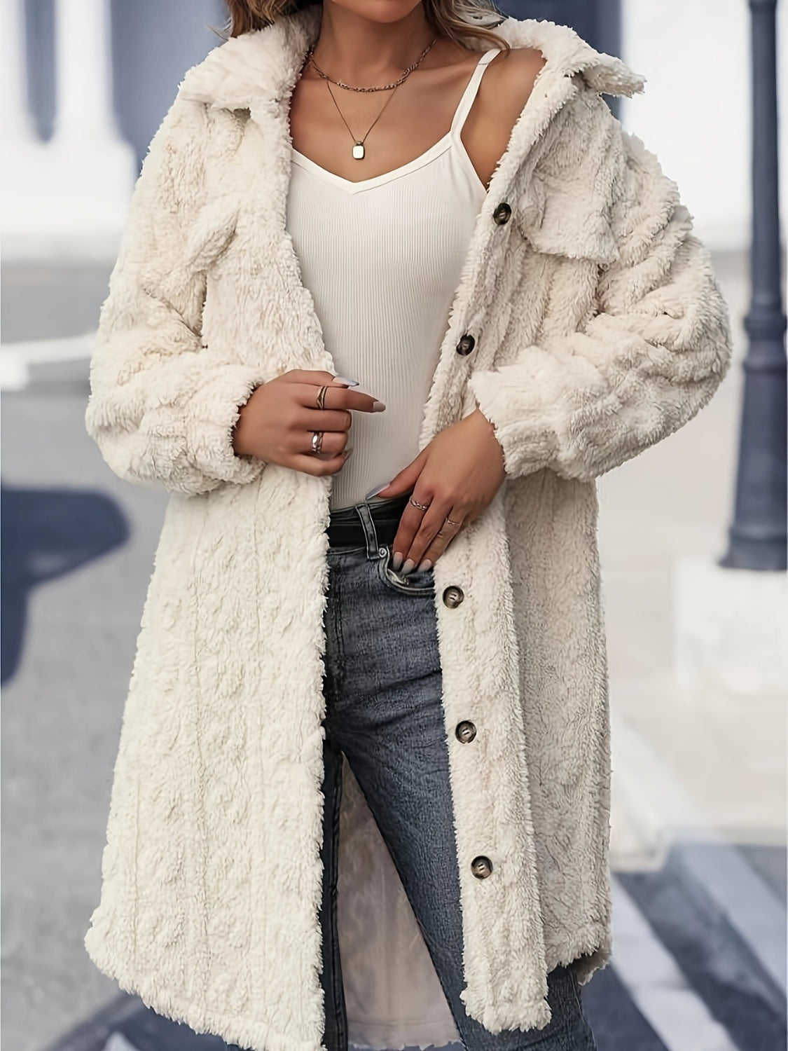 Fuzzy Button Up Long Sleeve Longline Coat-Angel Casuals