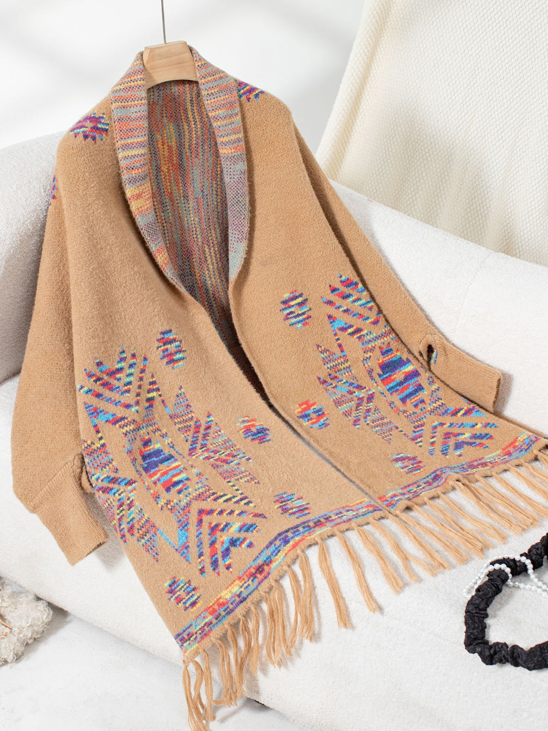 Fringe Geometric Open Front Long Sleeve Cape-Angel Casuals