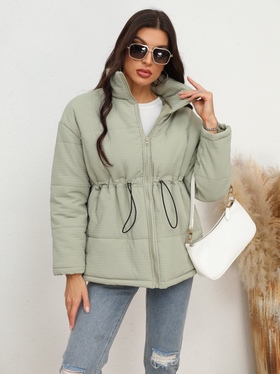 Drawstring Waist Zip-Up Puffer Jacket-Angel Casuals