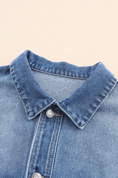 Collared Neck Button Up Denim Jacket-Angel Casuals