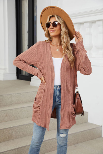 Pocketed Open Front Long Sleeve Cardigan-Angel Casuals