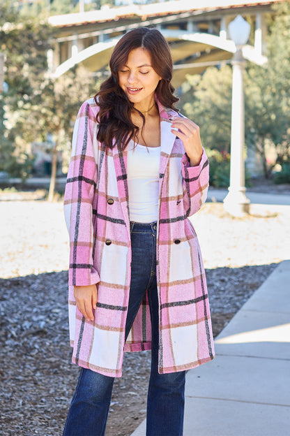 Double Take Full Size Plaid Button Up Lapel Collar Coat-Angel Casuals