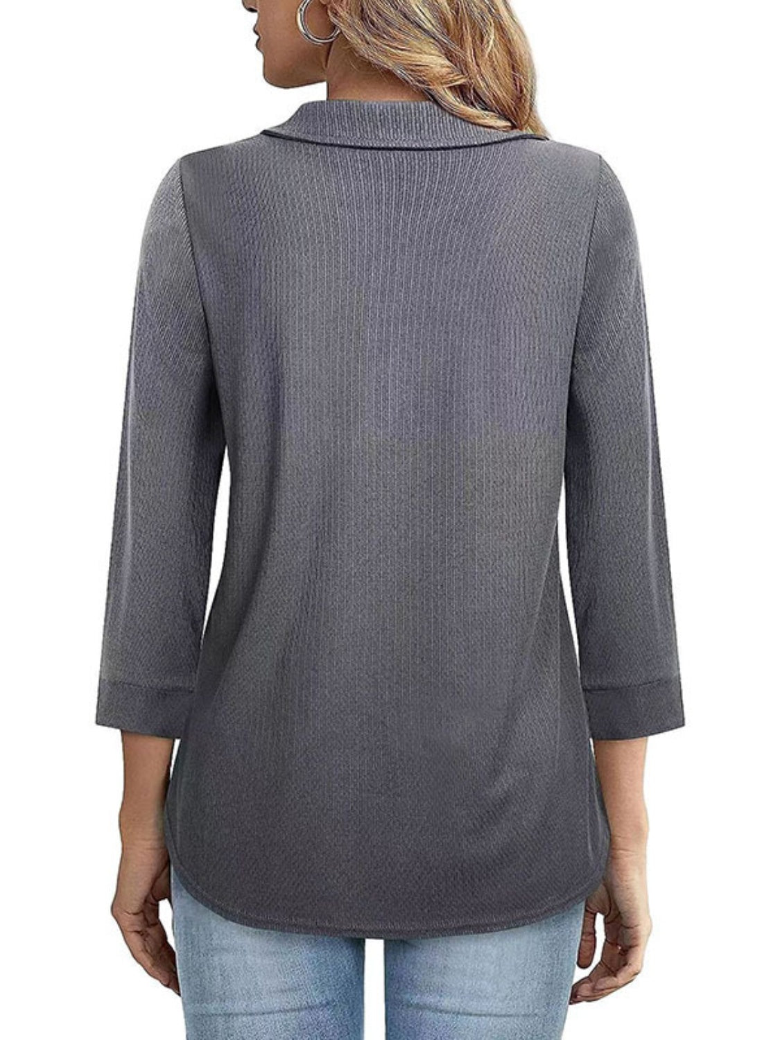 Half Zip Collared Neck Three-Quarter Sleeve T-Shirt-Angel Casuals