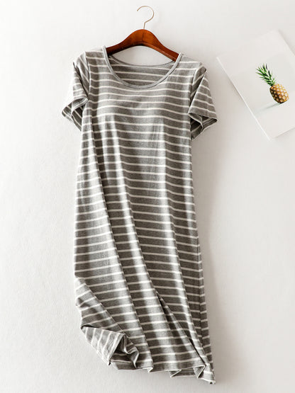 Striped Round Neck Short Sleeve Dress-Angel Casuals