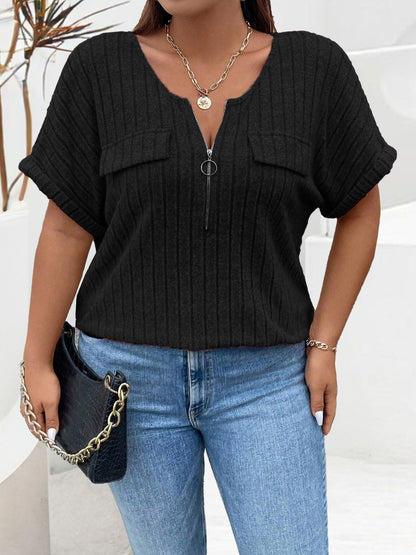Plus Size Half Zip Short Sleeve T-Shirt-Angel Casuals