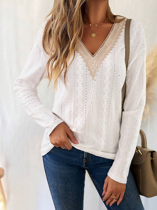 Eyelet V-Neck Dropped Shoulder T-Shirt-Angel Casuals