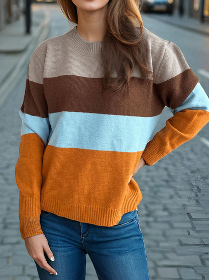 Color Block Round Neck Long Sleeve Sweater-Angel Casuals