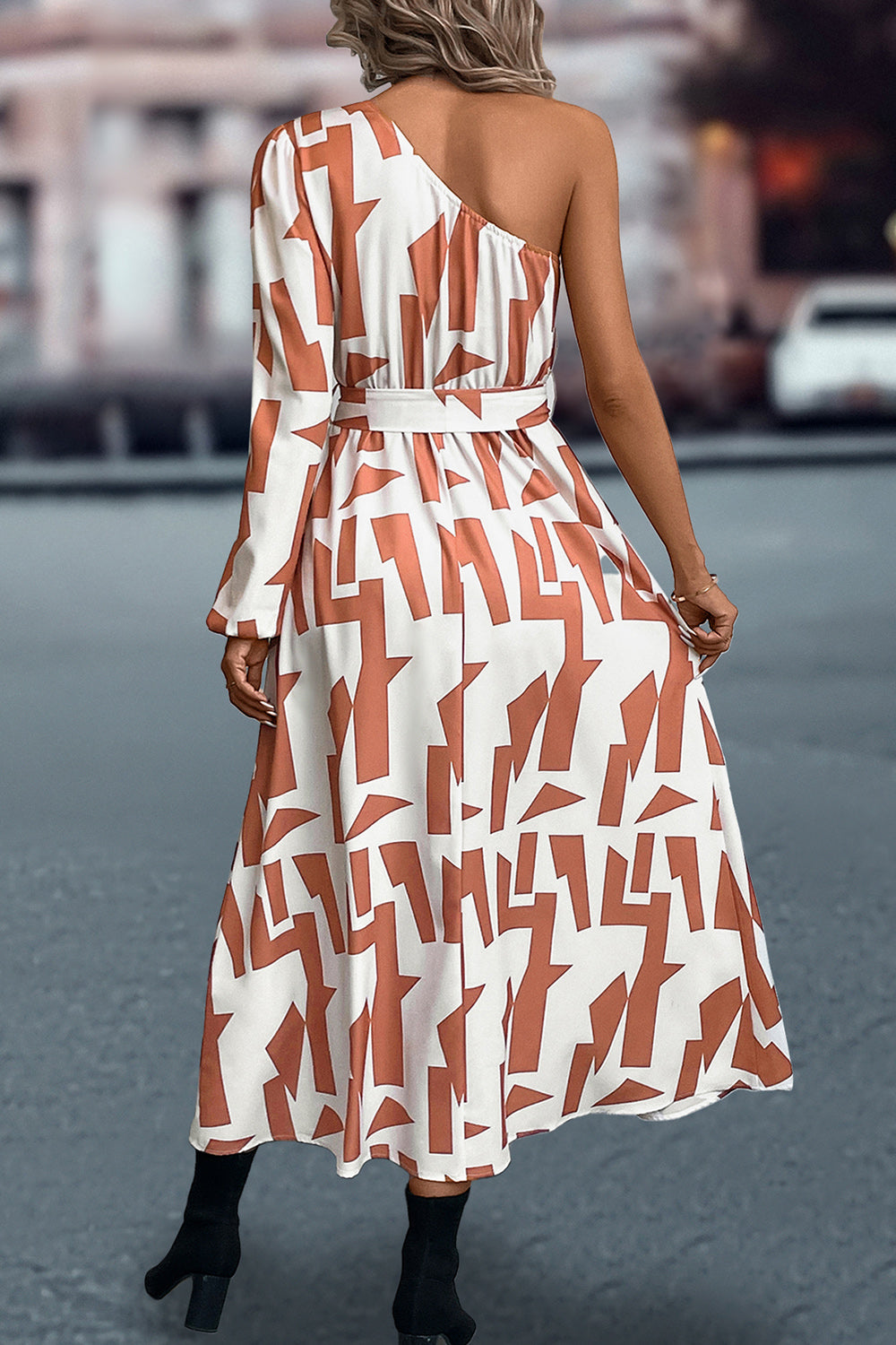 Printed One-Shoulder Tie Waist Dress-Angel Casuals