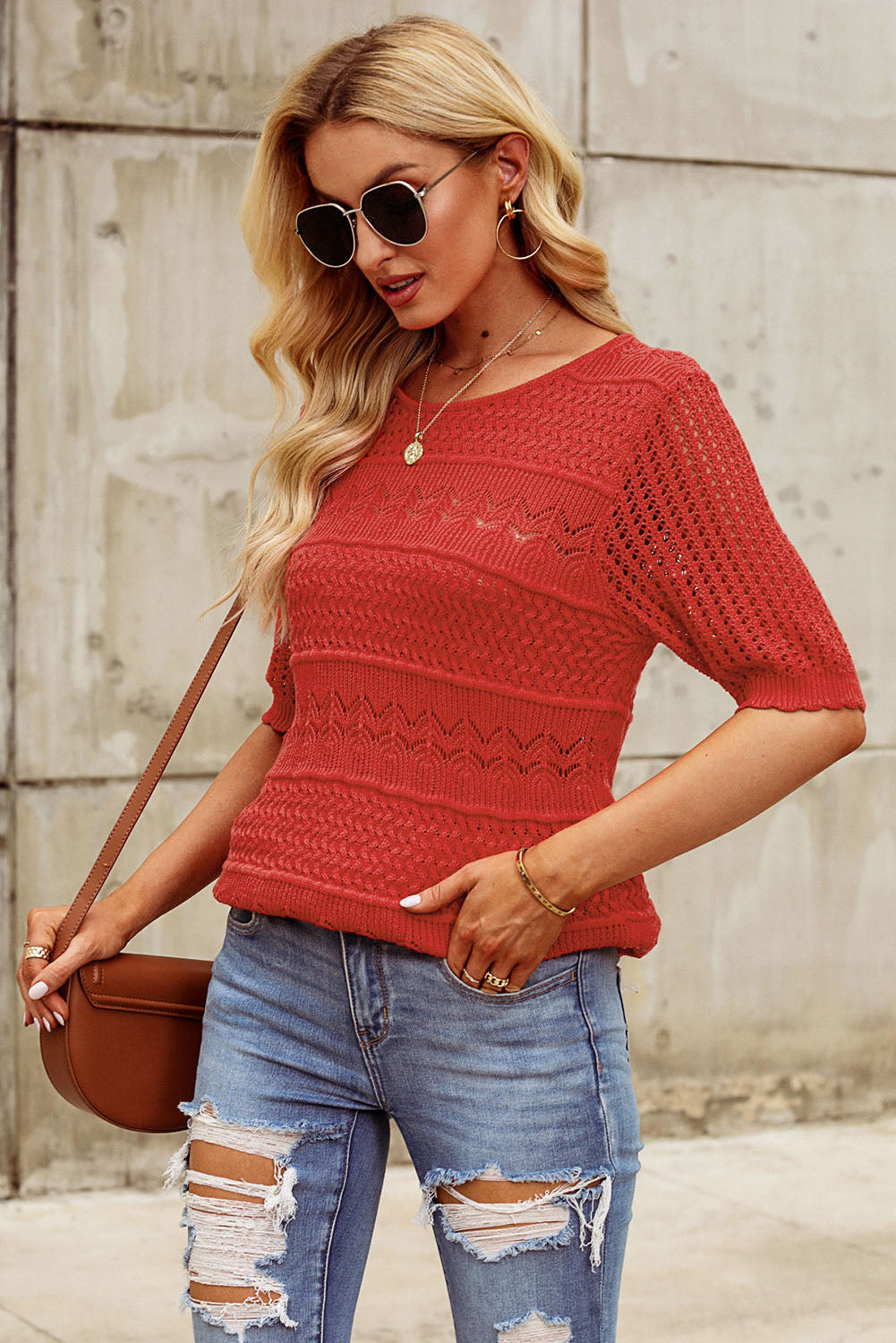 Openwork Round Neck Half Sleeve Knit Top-Angel Casuals