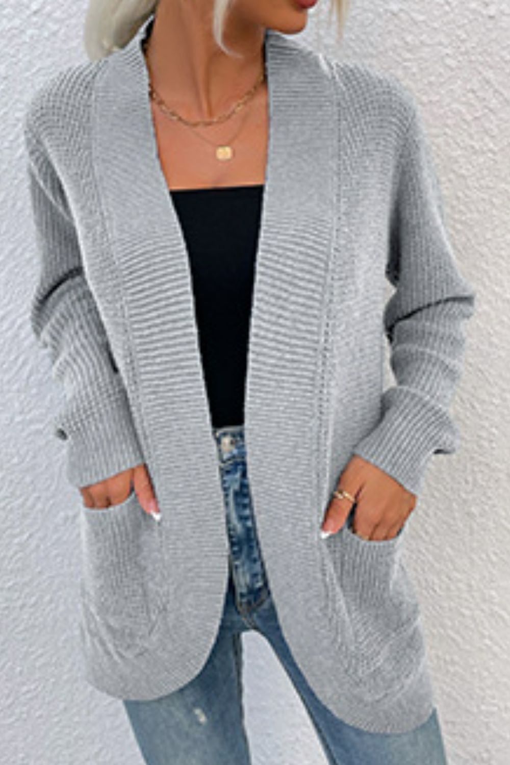 Open Front Rib-Knit Cardigan with Pockets-Angel Casuals