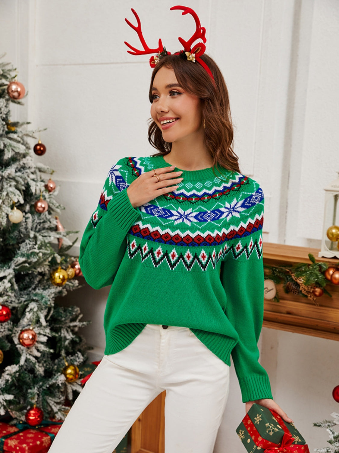 Geometric Round Neck Long Sleeve Sweater-Angel Casuals