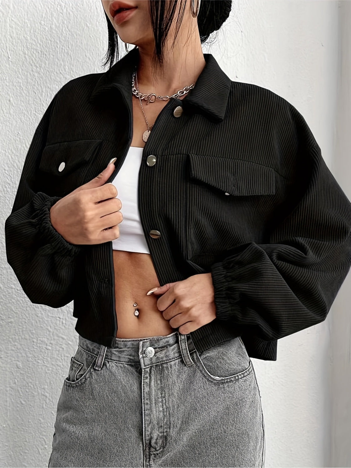Collared Neck Dropped Shoulder Jacket-Angel Casuals