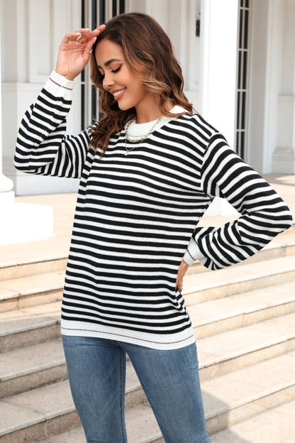 Angel Wings Striped Round Neck Dropped Shoulder Sweater-Angel Casuals