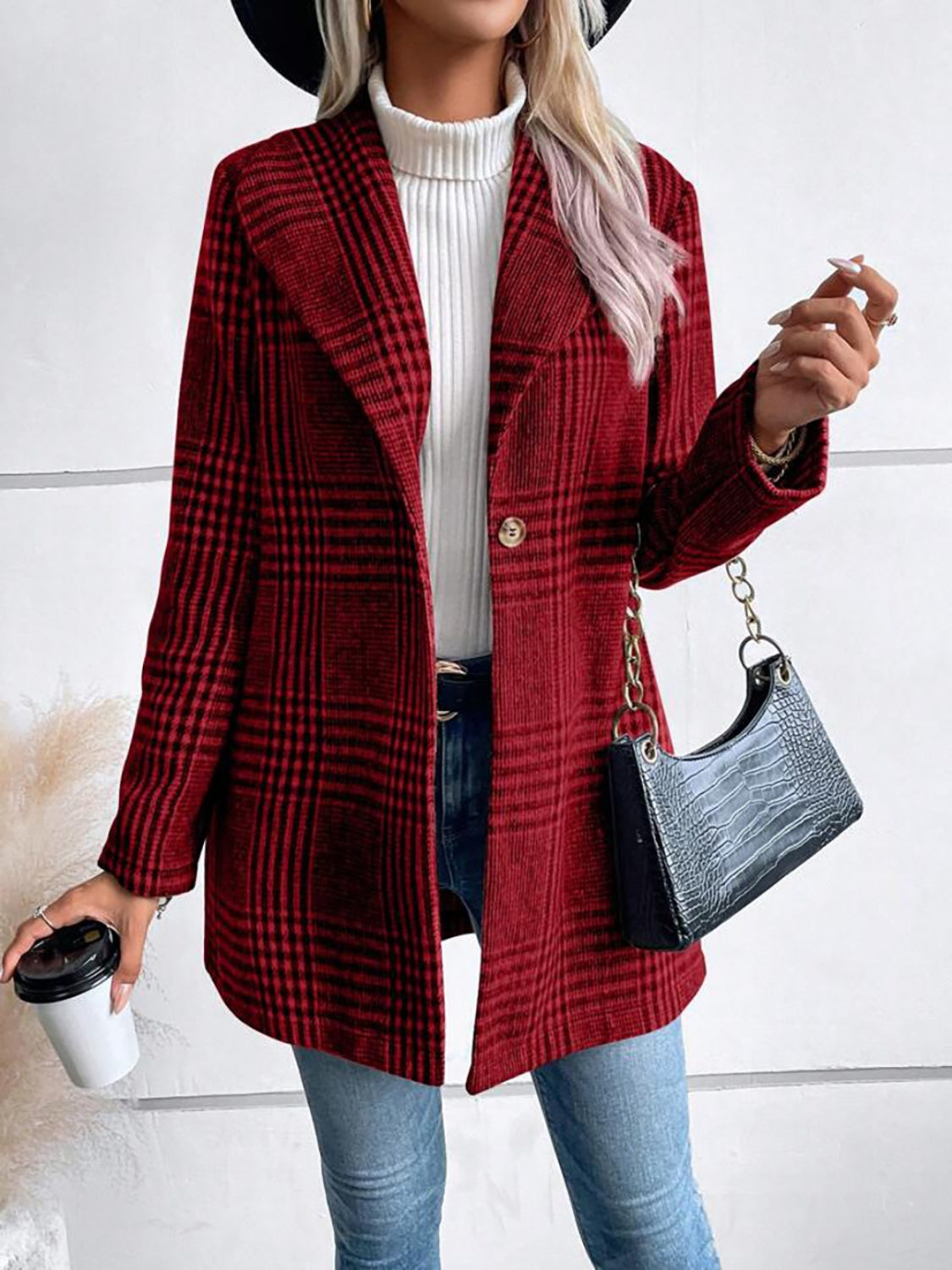 Plaid Collared Neck Long Sleeve Jacket-Angel Casuals