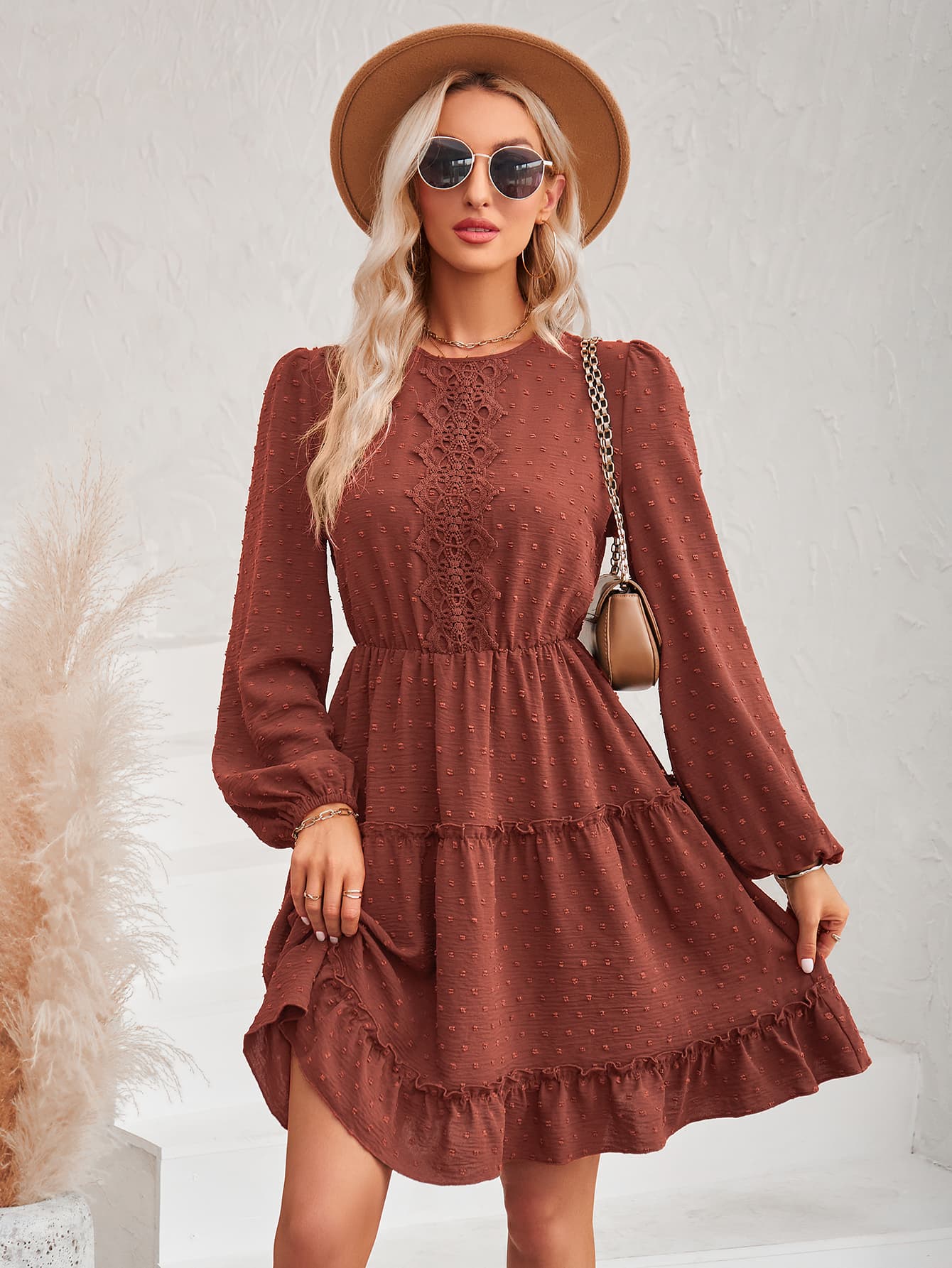 Swiss Dot Lace Trim Balloon Sleeve Dress-Angel Casuals