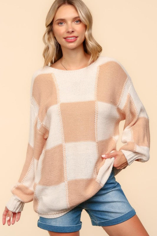 Haptics Full Size Checkered Round Neck Drop Shoulder Sweater-Angel Casuals