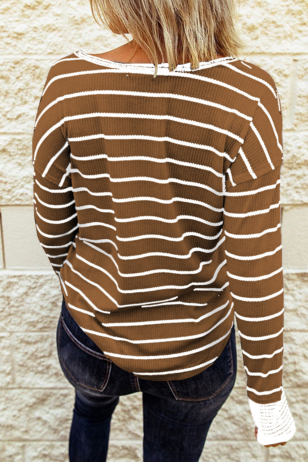 Striped Waffle Knit Henley Long Sleeve Top-Angel Casuals