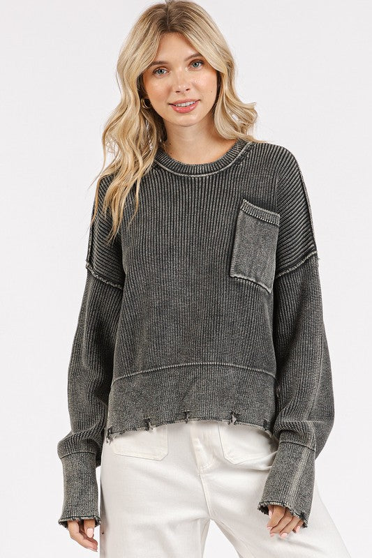 Mittoshop Distressed Hem Round Neck Dropped Shoulder Sweater-Angel Casuals