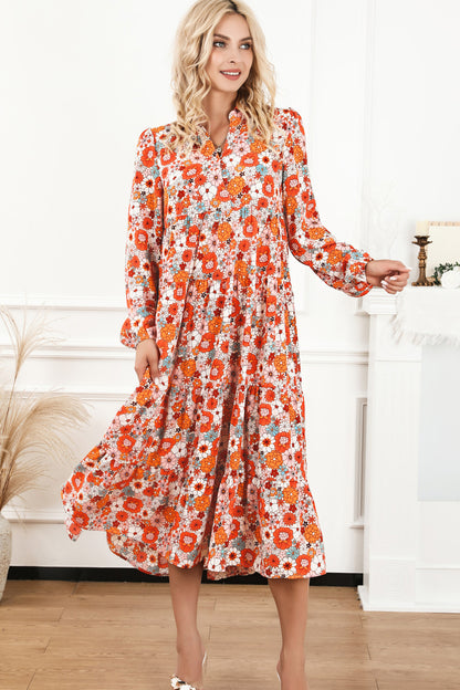 Floral Notched Neck Long Sleeve Dress-Angel Casuals