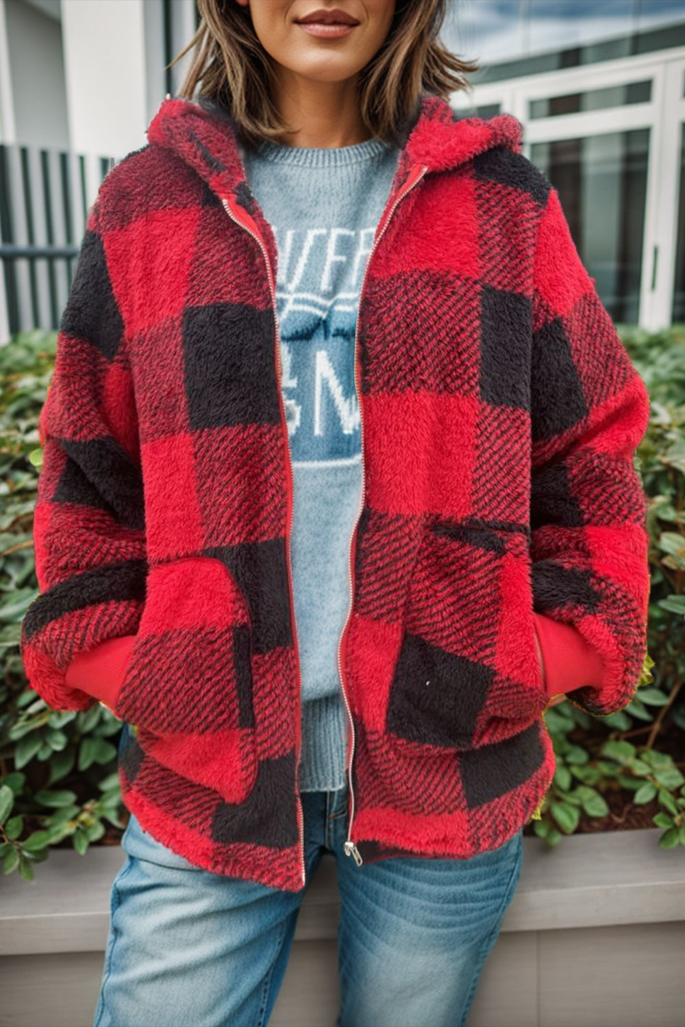 Double Take Full Size Plaid Long Sleeve Hooded Coat-Angel Casuals