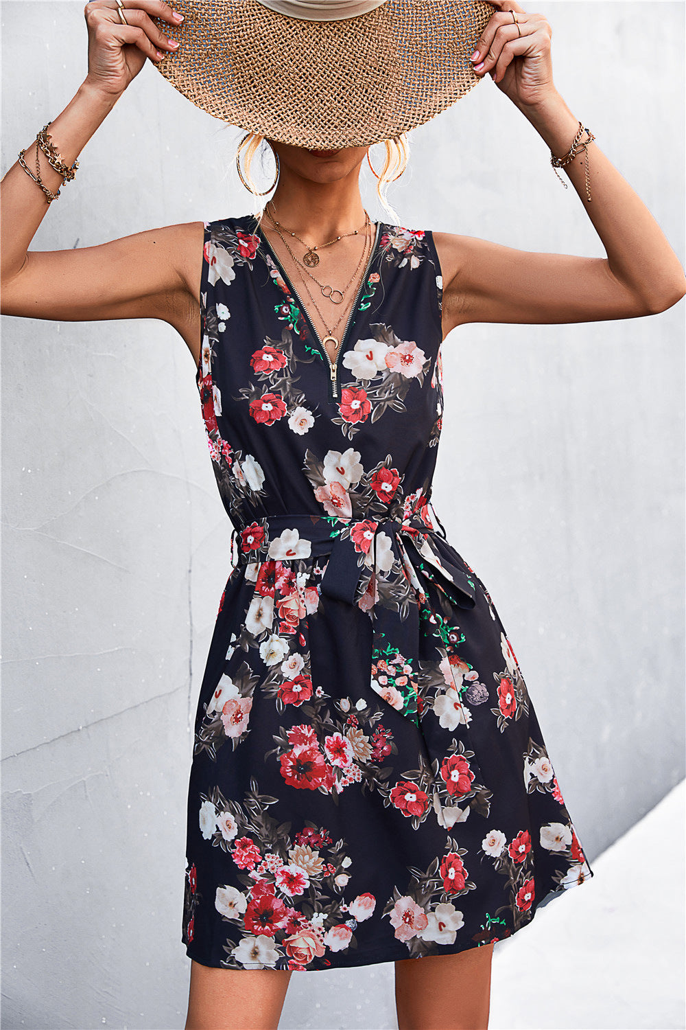 Printed Zip Detail Belted Sleeveless Dress-Angel Casuals